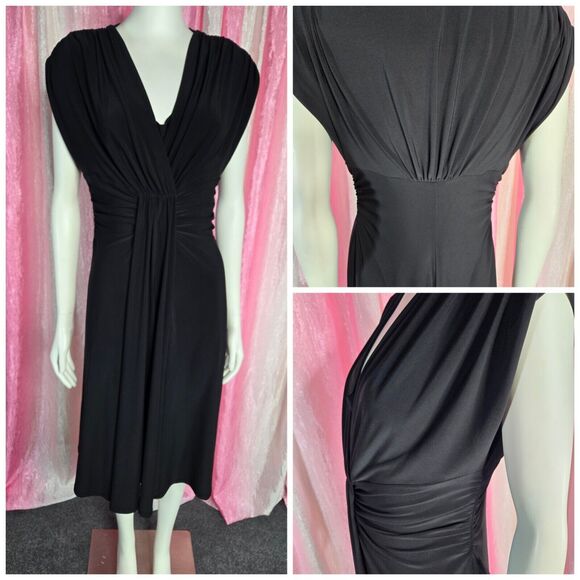 Evan Picone Black Rouched Stretch Cocktail A-Line Midi Dress Size 10 - Picture 1 of 16